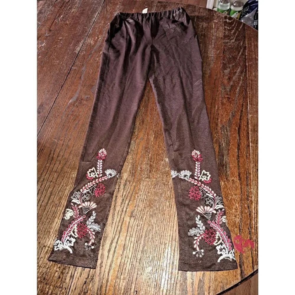 6 Tracy Porter Brown Metallic Floral Elastic Waist Skinny Stretch Pull On Pants